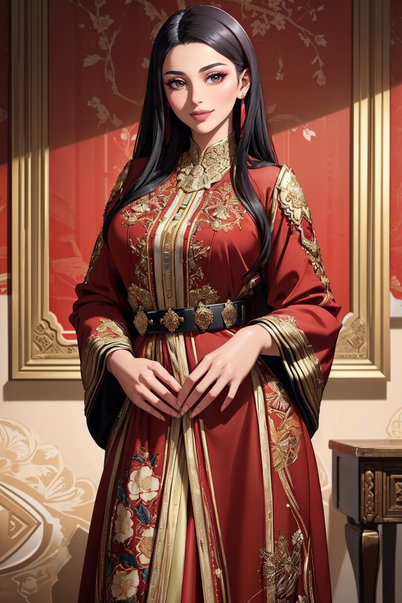 14080-378806547-((masterpiece,best quality,edgQuality)),(smile),looking at viewer,standing,_edgCaftan, a woman wearing a red robe,floral print ,.png